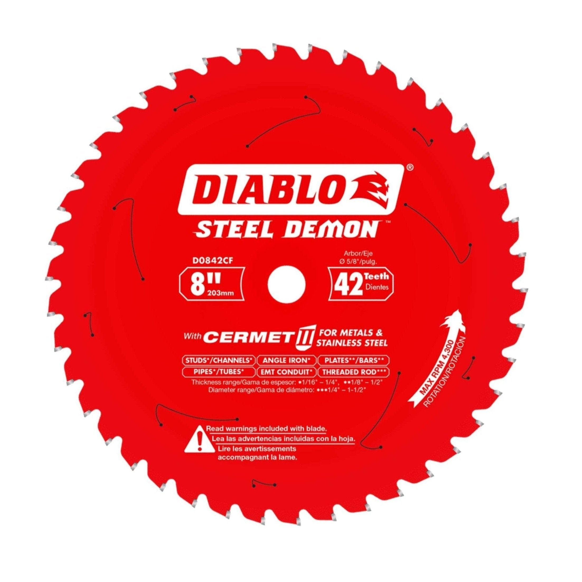 Image of a red saw blade labeled Diablo Steel Demon. This Diablo D0842CF 8-inch, 42-teeth Cermet II blade is expertly designed for cutting thick metals like stainless steel, boasting enhanced durability and superior heat resistance.